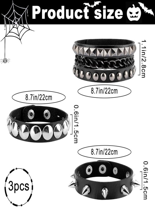 UlZDVUli Studded Bracelet, Spike Bracelets, 3 Pieces Black Spiked Rock Emo Punk Goth Leather Wristband, Gothic Spiky Rivet Cuff Wristbands Jewelry Accessories for Men Women Halloween Rocker Outfits - Image 2